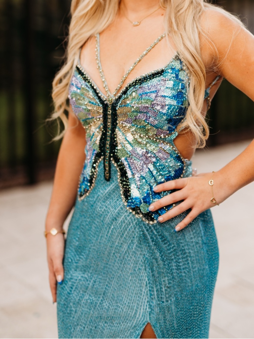 Sequin Butterfly Mermaid Evening Dress - Teal & Multicolor